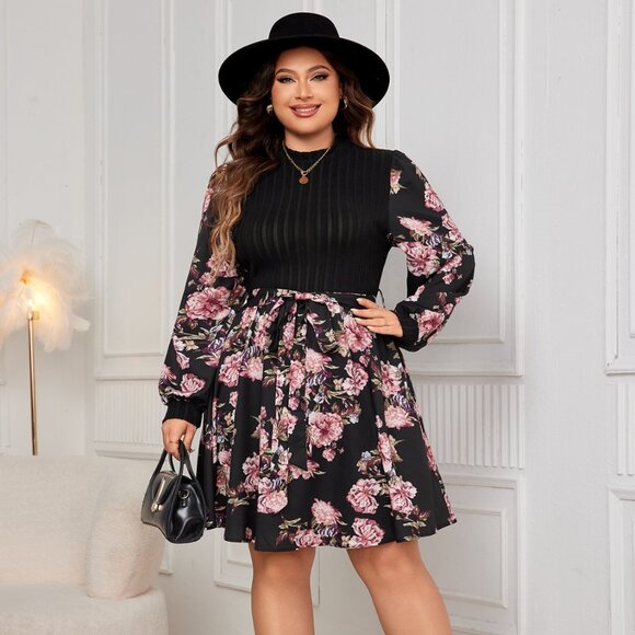 Plus Size Tied Printed Long Sleeve Dress - Picture 1 of 9